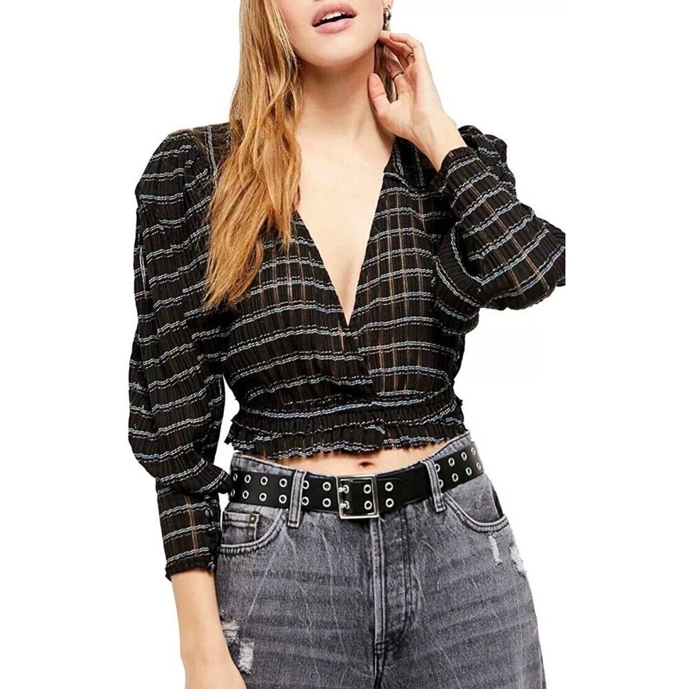 Free People Girlfriend Top Crop Long Sleeve‎ Black Boho Crop Bishop Size Large